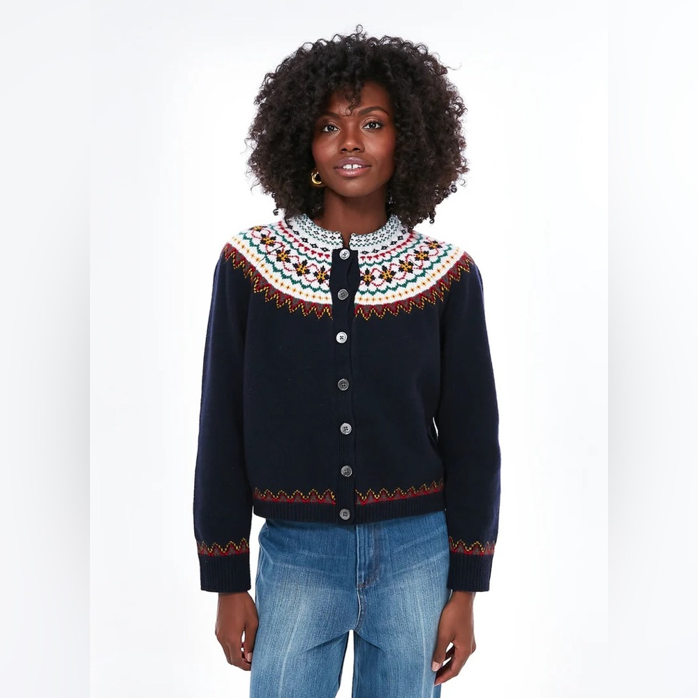 ALEX MILL Navy Multi Hilde Fair Isle Button Cardigan Sweater Merino Wool XS
